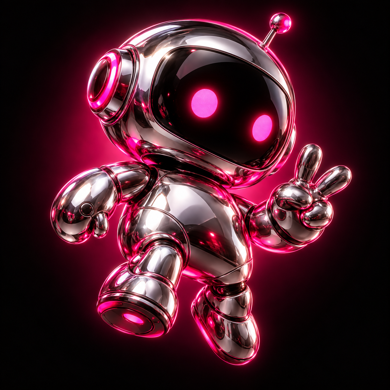 Floating chrome LTL robot with glowing pink eyes
